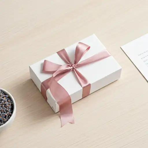 A beautifully wrapped gift box with a silk ribbon in dusty rose, lying on a clean, light wooden surface next to some dried lavender and a card. The lighting is soft and elegant, creating a high-end boutique gift feel. The style is feminine and minimal, perfectly representing a wellness gift voucher. The colors match the brand's palette of soft rose and creamy whites.