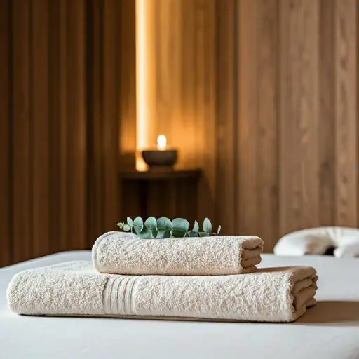 A serene, minimalist massage room with warm wooden accents and soft ambient lighting. A massage table is prepared with plush cream-colored towels and a single small branch of eucalyptus. The atmosphere is quiet and inviting, reflecting the Tyrolean boutique wellness aesthetic with high-key lighting and a focus on natural materials and cleanliness.